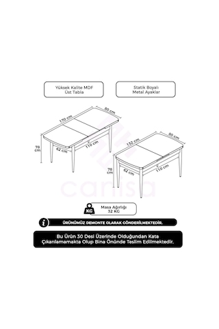 Canisa Concept Zen Serisi 80x132 Mdf Açılabilir Beyaz Mermer Desen Mutfak Masası Beyaz Mermer Desen Mdf Masa