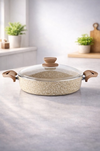 Diez 32 Cm Granit Basık Tencere Cappucıno Yapışmaz Karnıyarık & Pilav Tenceresi Cam Kapaklı
