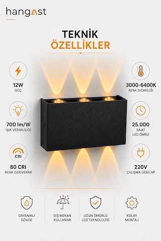 Pilli Amber 3 Led Dekoratif Duvar Apliği Çift Yönlü Yukarı Aşağı Aydınlatma İç & Dış Mekan Duvar Lambası Siyah