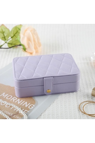 Deri Baklava Desenli Seyahat Takı Bijuteri Mücevher Kutusu Organizer Düzenleyici 16cm Lila İthal Ürü