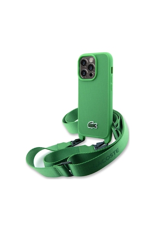 Apple Uyumlu iPhone 15 Pro Kılıf Lacoste Lisanslı Pu Pike Desenli Askılı İkonik Timsah Dokuma Logo Yeşil