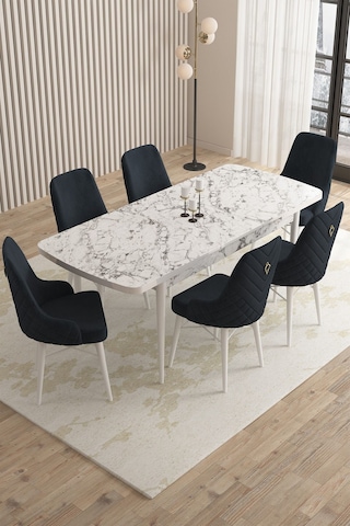 Mazaka Beyaz Mermer 80x132açılabilir Mdf Masa Yemek Odası Takımı,mutfak Takımı 6 Adet Sandalye Antrasit