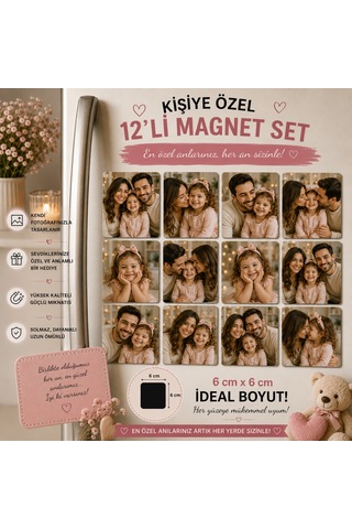 12'li Kare Fotoğraf Magneti Anne Baba Kız Çocuğa Kişiselleştirilebilir Aile Hediye Seti