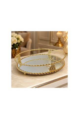 Sleep Nova Gold Üzüm Motifli Aynalı Oval Dekoratif Tepsi Lüks Sunum Tepsisi