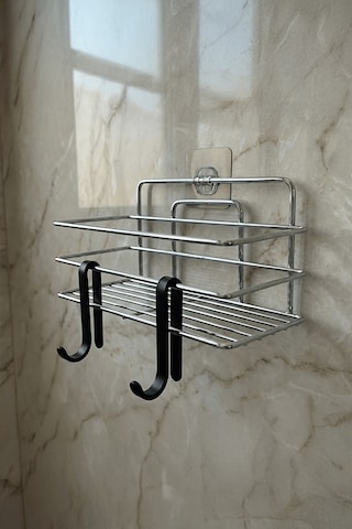 Tekli Krom Yapışkanlı Banyo Rafı + 2 Li Askı Kanca Seti Paslanmaz Metal Duş Şampuanlık Yapıştır/vidala Tş-01 Krom