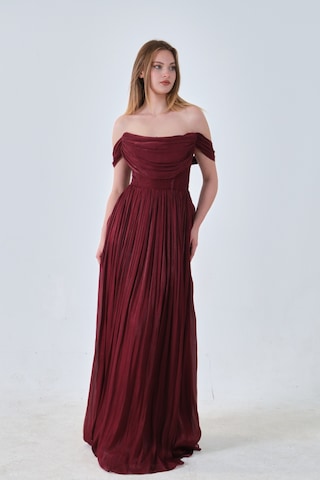 Feminist Bordo Drape Yaka Detaylı Şifon Straplez Abiye 08011861
