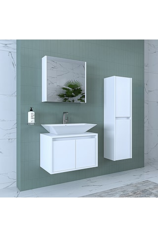 Banos Banyo Roomart Lavabolu Mat Beyaz Mdf 65 Cm Banyo Dolabı+Ayn Mat Beyaz