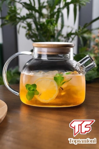 Toptanfoni 1000 Ml Bambu Kapaklı Isıya Dayanıklı Cam Bitki Çayı Demliği Cam Sürahi Şeffaf