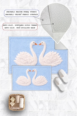 Kuğu Desenli Dijital Baskılı Yıkanabilir 2li Banyo Paspası 50x60-60x100 Mavi