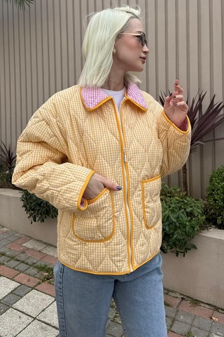 Sarı Pötikareli Cepli Kadın Mont Mg2488 Sarı