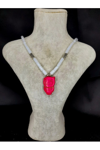 Mryart Baykuş Figürlü Doğal Taş Kolye Pembe Sembol El Yapımı Özel Tasarım Beyaz - Pembe