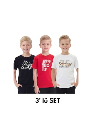 Fyk Kids 3'lü Yuvarlak Yakalı Baskı Detaylı Basic 3 Parça Erkek Çocuk Tişört Siyah - Kırmızı