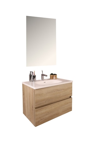 Kobos Simple 80 Cm Çekmeceli Banyo Dolabı Seti Light Walnut Ahşap