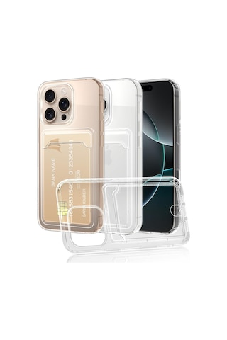 Apple Uyumlu iPhone 16 Pro Max Kılıf Kartlık Bölmeli Arkası Şeffaf Soft Dayanıklı Kılıf Kapak