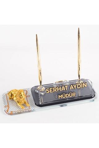Aslan Biblolu Masa İsimlik Desenli Ofis Masa İsimliği