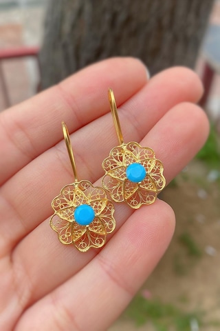 Gümüş Telkari Mavi Taşlı Gül Anne Küpesi Tk23e238 Diğer