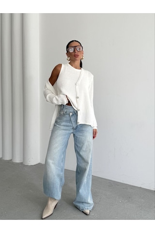 Kadın Giyim İkili Bluz Hırka Triko Takım Optik Beyaz Renk Ekru