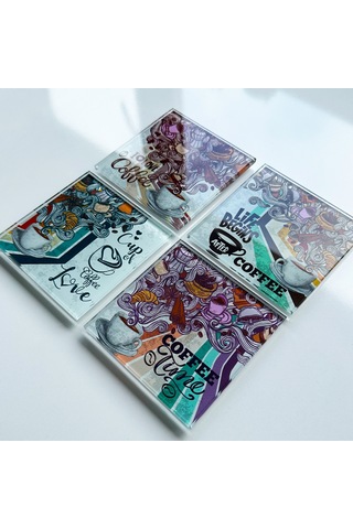 Cam Bardak Altlığı Retro Coffee 4'lü Takım Beyaz