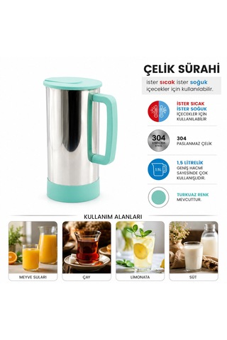 Turkuaz - Paslanmaz Çelik Sıcak - Soğuk Çelik Sürahi 5250