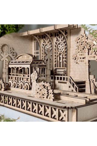 Japanese Tram Station Diorama Ahşap Maket Seti Japon Tramvay İstasyonu Peri Led'li Dıy Model
