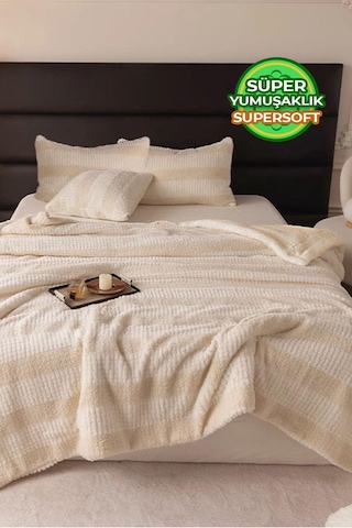 Evlen Home Çift Taraflı Kişilik Kürk Yorgan Dolgulu Peluş Yumuşak Wellsoft Yatak Örtüsü 3 Parça Set Aura Krem