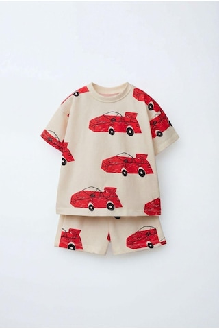 Magu Erkek Çocuk Pamuklu Kırmızı Araba Baskılı T-shirt Şort Takım Bej