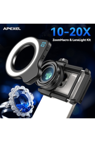 Apexel 10-20x Zoom Makro Lens+halka Işık
