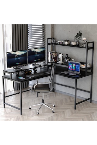 Siyah Raflı L Şekilli Ofis Masası 610 Siyah