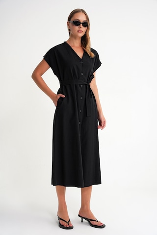 4721 Kadın V Yaka Düğme Detaylı Keten Elbise Siyah Siyah