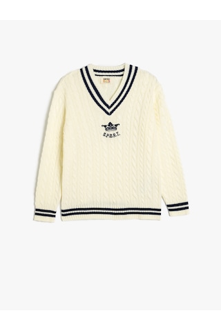 Koton Triko Kazak Örgü Detaylı V Yaka Uzun Kollu Ekru 5wkb90013ht Ekru