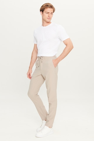 AC&Co / Altınyıldız Classics Erkek Bej Slim Fit Dar Kesim Beli Bağlamalı Çizgili Yan Cepli Casual Jogger Pantolon Bej
