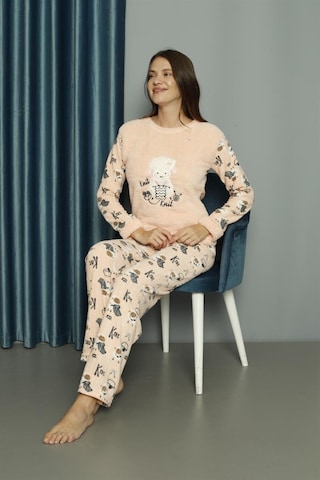 Yeni Sezon Sonbahar/kış Kadın Welsoft Polar Yuvarlak Yaka Kuzucuk Desenli Kalın Pijama Takımı 30005-somon Somon