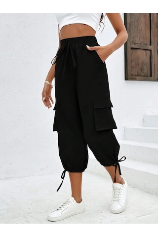 Modaserdem Kadın Yüksek Bel Beli Lastikli Bağcıklı Cepli Kargo Viskon Iki Iplik Pantolon Pudra