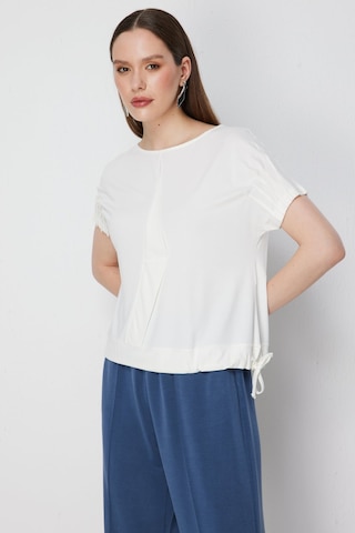 On Kadın Kolları Pileli Beli Bağcıklı Bluz 71438 Ekru
