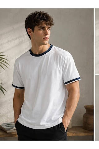 Ribana Erkek Kısa Kollu Bisiklet Yaka Şerit Detaylı Düz Renk T-shirt 4224 Beyaz