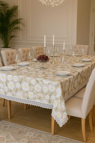 Lüks Papatya Masa Örtüsü - Dantel Süslemeli Modern Tasarım Leke Tutmaz Su Geçirmez Çok Renkli