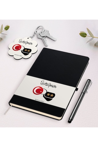 Kişiye Özel Üsteğmen Siyah Defter Kalem Ve Anahtarlık Seti