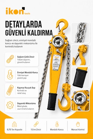 0.75 Ton 1.5 M Hubzug Zincirli Çektirme Manuel Kaldırma Caraskal Mandallı Kanca
