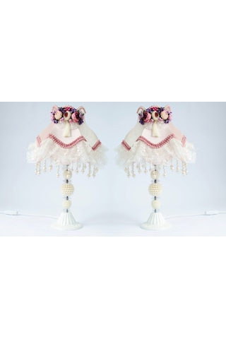 Kokoş Model Kadife Kaplı Çiçek Dekorlu Pudra Pembe Abajur