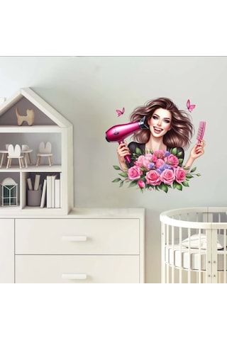 Pembe Güllü Ve Kelebekli Kuaför Kız Duvar Stickerı Renkli