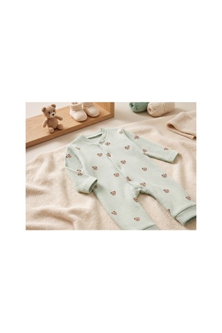Deniva Kids Erkek Bebek Mint Yeşili Ayıcık Desenli Fitilli Kaşkorse Çıtçıtlı Tulum - Mint Yeşili 3-6 Ay
