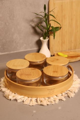 Duo 300 Ml Silikonlu Bambu Kapaklı Cam Kahvaltılık Lüx Kahvaltılık Sunum Seti