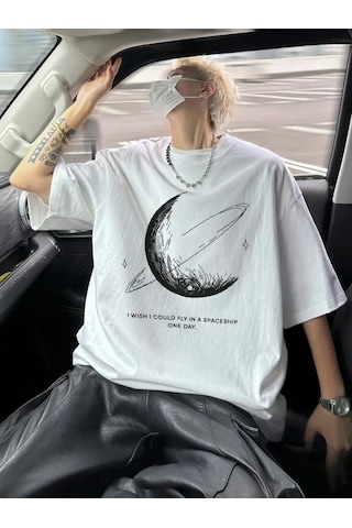 Vexor Baskılı Oversize Bisiklet Yaka T-shirt - Beyaz