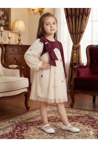 Xo Kids Bordo Kollu Fiyonk Detaylı Çiçek İşlemeli Tüllü Kız Çocuk Elbise 4-10 Yaş 4419 Ekru