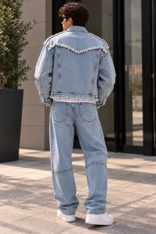 Erkek Açık Mavi Denim Takım Püsküllü Jean Ceket Ve Baggy Bol Paça Pantolon Oversize İkili Takım