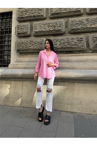 WeShaya Pembe Oversize Kırışık %100 Polyester Gömlek Pembe