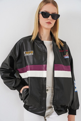 Bigdart 0698 Baskılı Suni Deri Bomber Ceket - Siyah - Mor