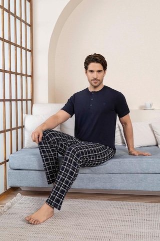 Guava Erkek Modal 3 Düğmeli Ekose Desen Pamuk Likra Kısa Kol Cepli Pijama Takımı Lacivert
