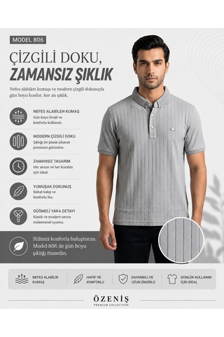 Özeniş Erkek Polo Yaka Slim Fit Çizgili Desen Kaşkorse T-shirt Gri