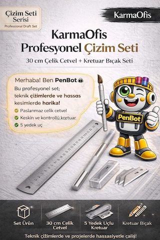30 Cm Çelik Cetvel Ve Kretuar Bıçak Seti Çizim Seti Mimari Maket Hobi Kesim